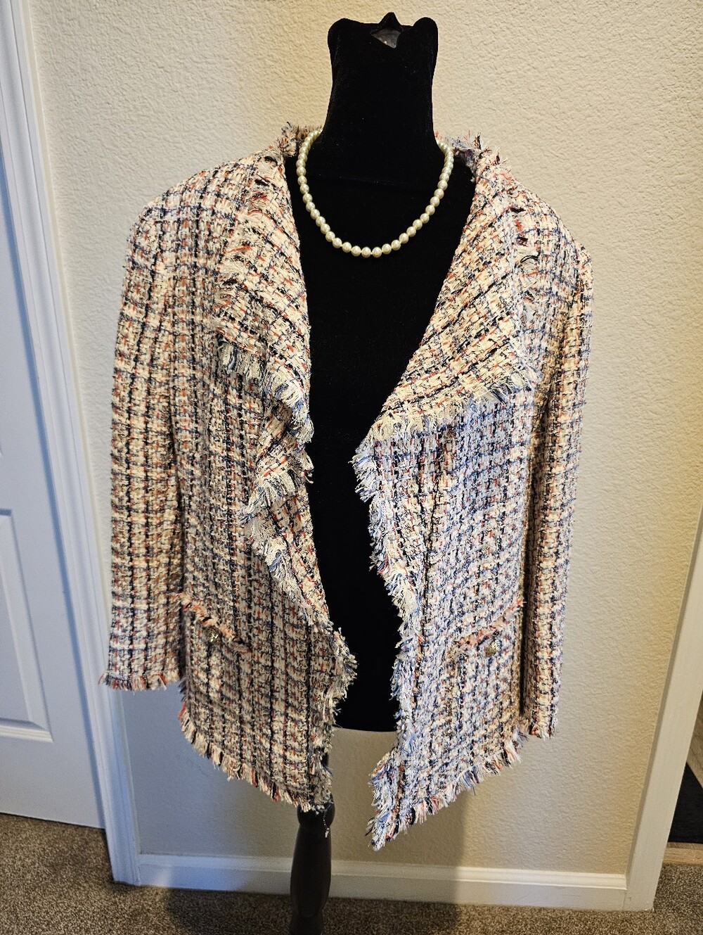 Anne Klein Multicolor Bouclé Frayed-Trim Open Jacket